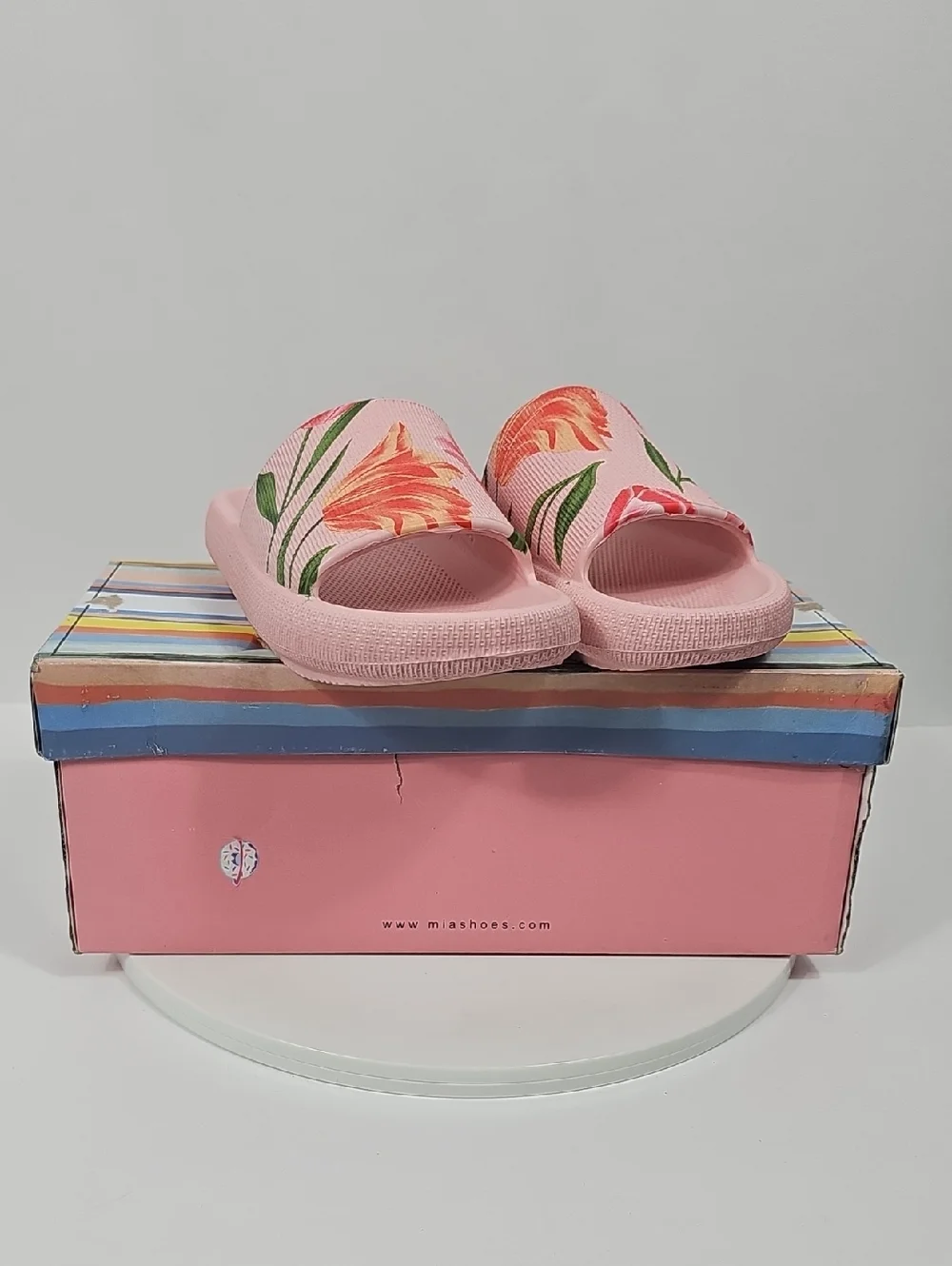 NIB MIA Little Lexa Girls 1 Pink Floral Pool Slide Sandals Cottagecore Tulip